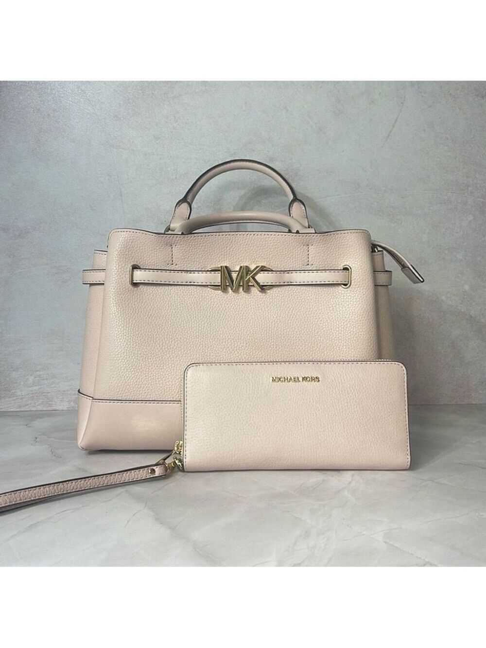 Michael Kors Reed Large CZ Belted Satchel & Matching Wallet Powder Blush Pink - Picture 2 of 14